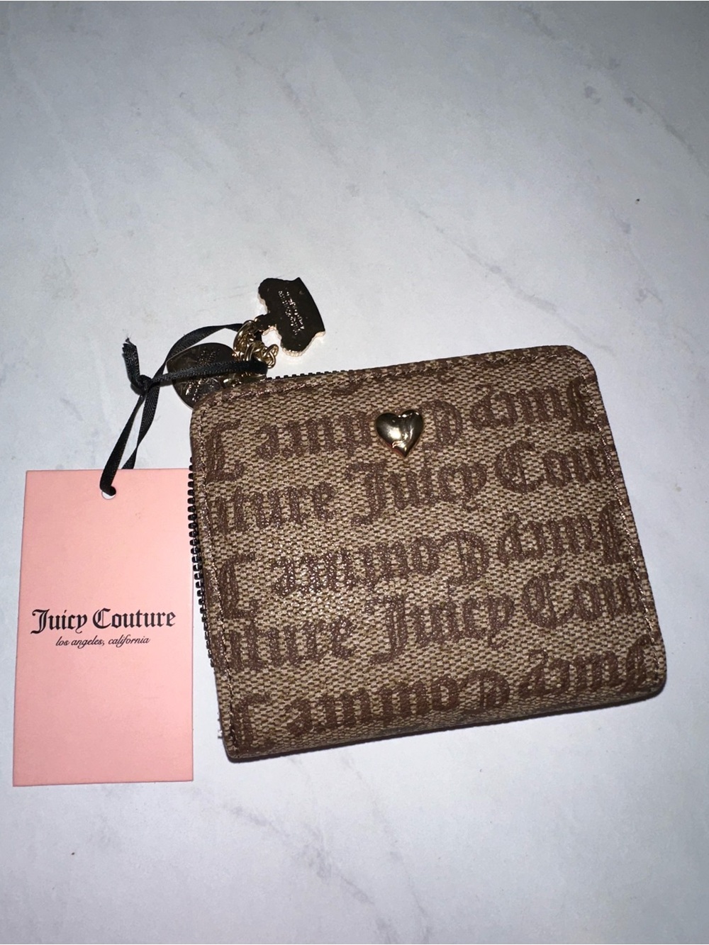 Juicy Couture Brown Monogram Zip Wallet with Heart Charm